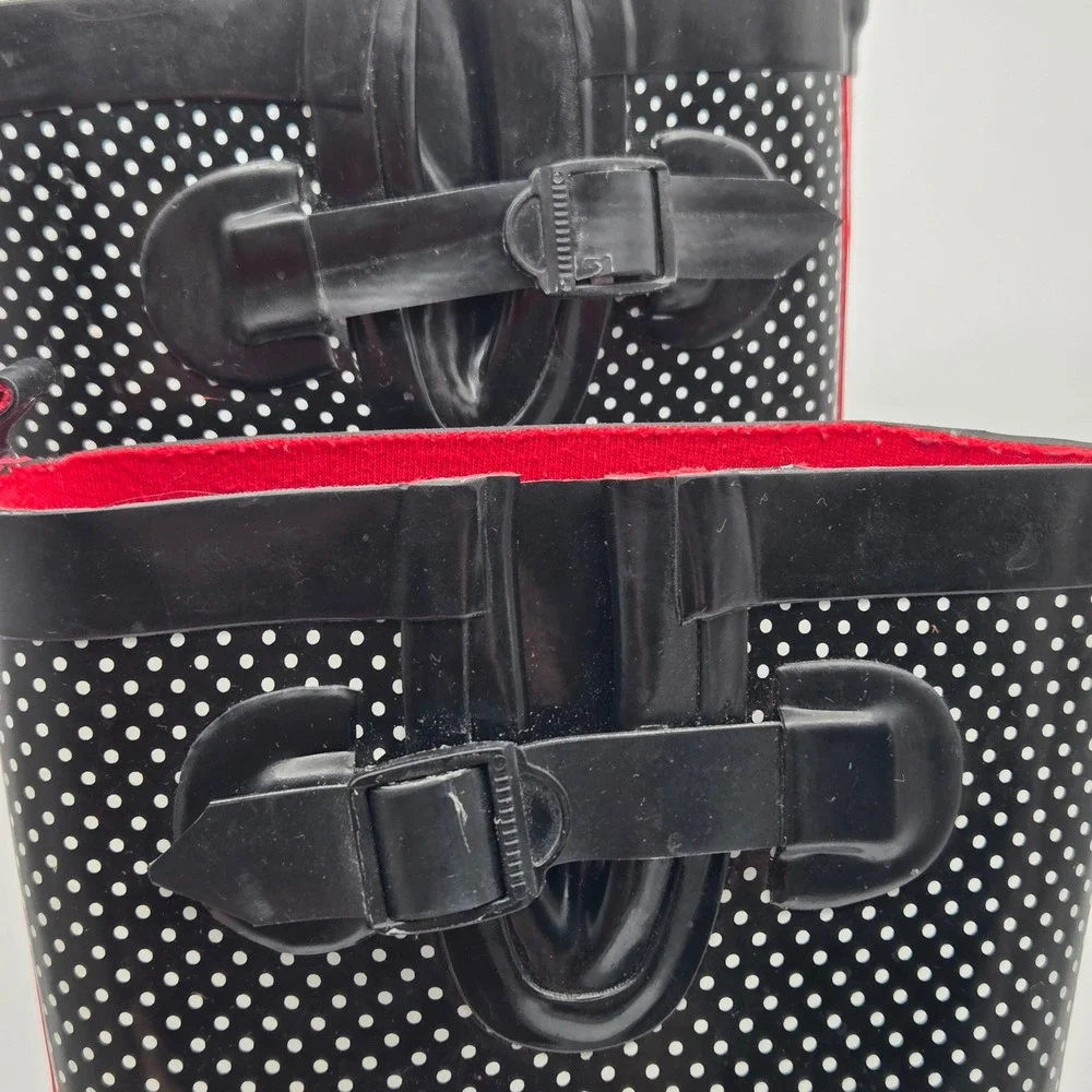 Capelli New York Rain Boots Women 10 Black Polka Dot Waterproof Rockabilly